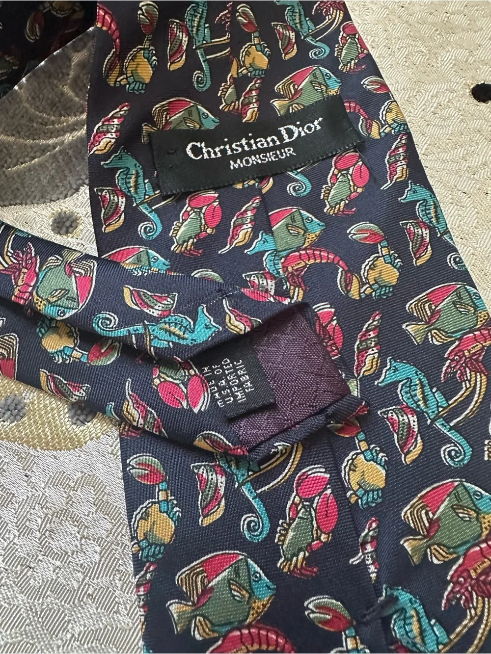 Christian Dior Monsieur Vintage Silk Tie Marine Sea Life Fish Seahorse Lobster
